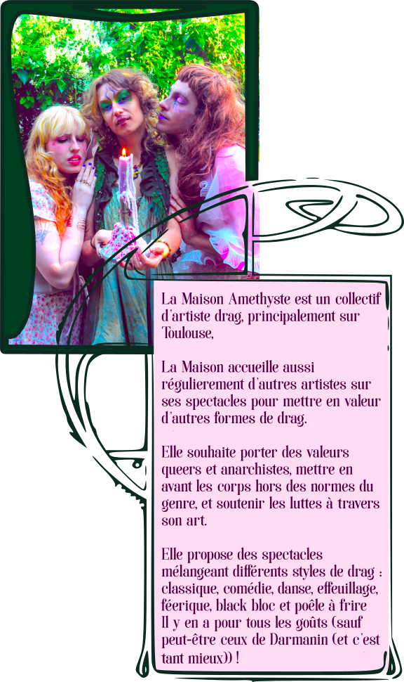 La Maison Amethyste est un collectif d'artiste drag, principalement sur Toulouse. La Maison accueille aussi régulièrement d'autres artistes sur ses spectacles pour mettre en valeur d'autres formes de drag. Elle souhaite porter des valeurs queers et anarchistes, mettre en avant des corps queers hors des normes du genre, et soutenir les luttes à travers son art.Elle propose des spectacles mélangeant différents styles de drag : classique, comédie, danse, effeuillage, féerique, black bloc et poêle à frire. Il y en a pour tous les goûts (sauf peut-être ceux de Darmanin (et c'est tant mieux)) !